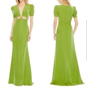 NWT Mac Duggal 2630 Plunge Neck Embellished Cust Out Green Apple Maxi Dress 6